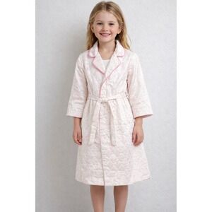 Vintage Pink Quilted Girls Robe Belted Diamond Stitch Retro Cozy Ivory Pink